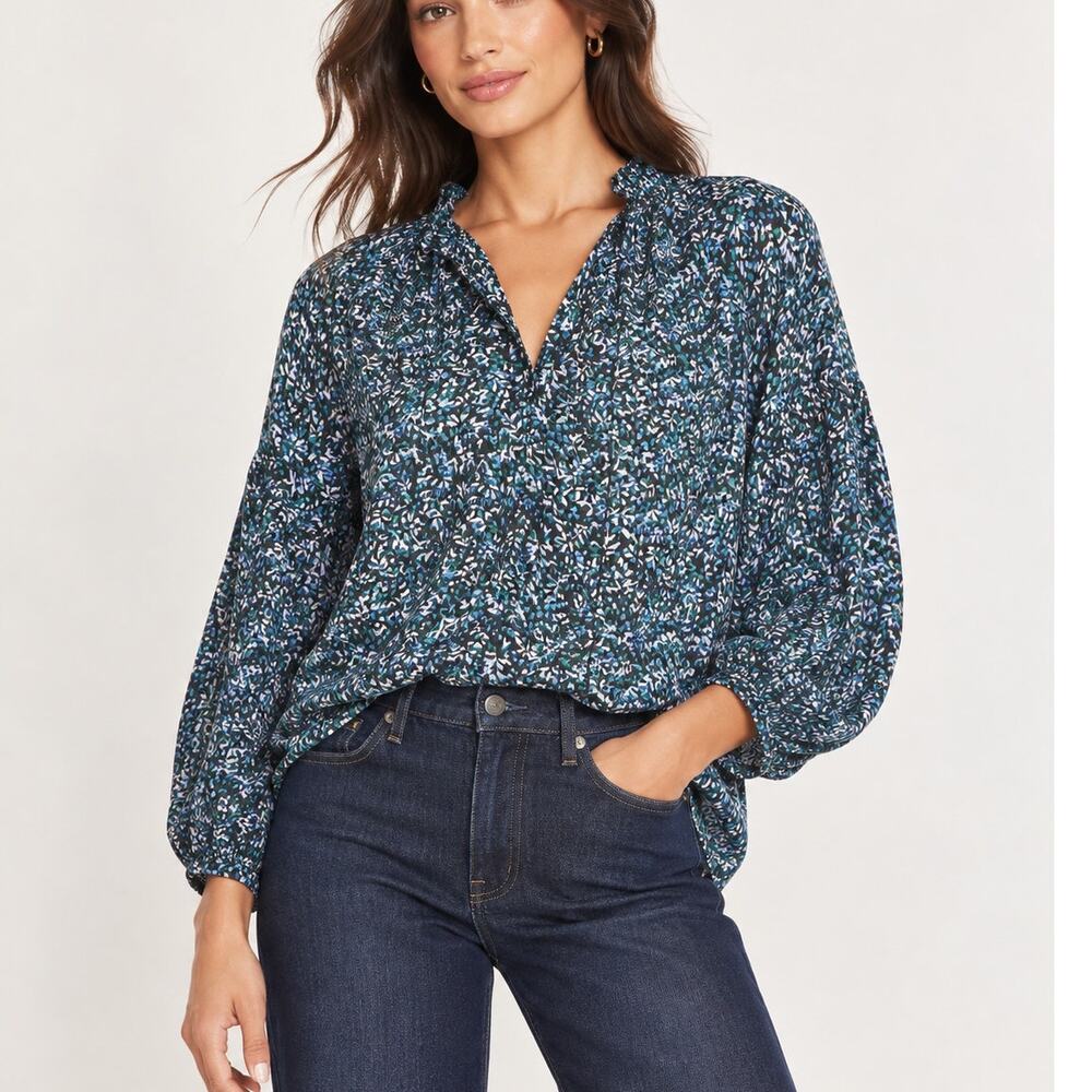 Apiece Apart Betina Tiny Petals Blouse Marine Blue Green Size 4